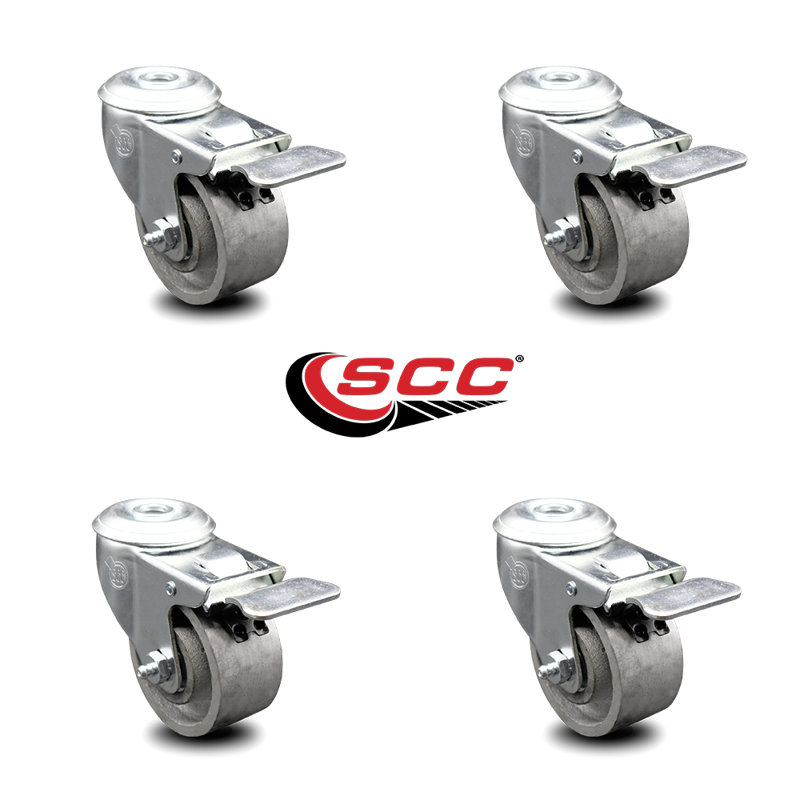 Ensemble de roulettes semi-pivotantes en acier avec frein à verrouillage total SCC