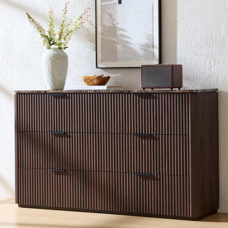 54.5" W Fluted 6-drawer Dresser, Thick Fluted Wood Chest with Faux Marble Top and Sturdy Base, Brown Oak
