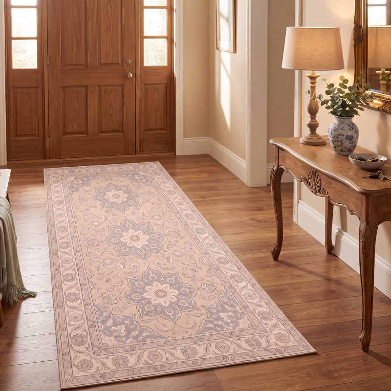 Tapis Meadow traditionnel à médaillon, style persan, gris crème, ivoire, beige, rose, lavable à la machine, antidérapant, à poils courts, pour l'intérieur et l'extérieur, adapté aux animaux domestiques, idéal pour le salon, la chambre, la salle à manger, l'entrée, le couloir ou le bureau.