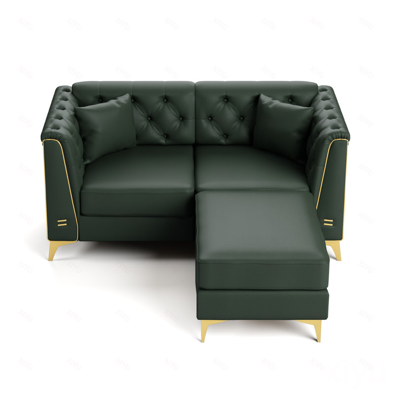 Canapé Chesterfield modulaire 2 places, canapé en similicuir avec capitonnage à boutons fait à la main, accoudoirs garnis de métal et pieds minces en métal, comprend 2 coussins