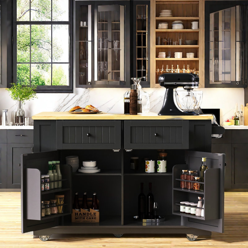 Large Rolling Kitchen Island With Drop Leaf, Power Outlet, Internal Storage Racks, 5 Open Side Racks, 2 Drawers, An Adjustable Shelf