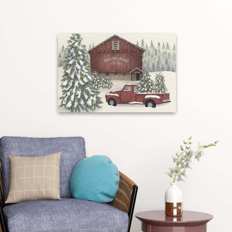 Pine Tree Farms - Art contemporain de neige grange rouge, H 24 po x l 16 po