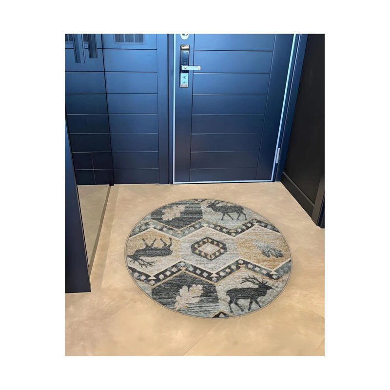 Gray Beige Vintage Deer Detailed Woven Base Modern Decorative Carpet, Round 4'