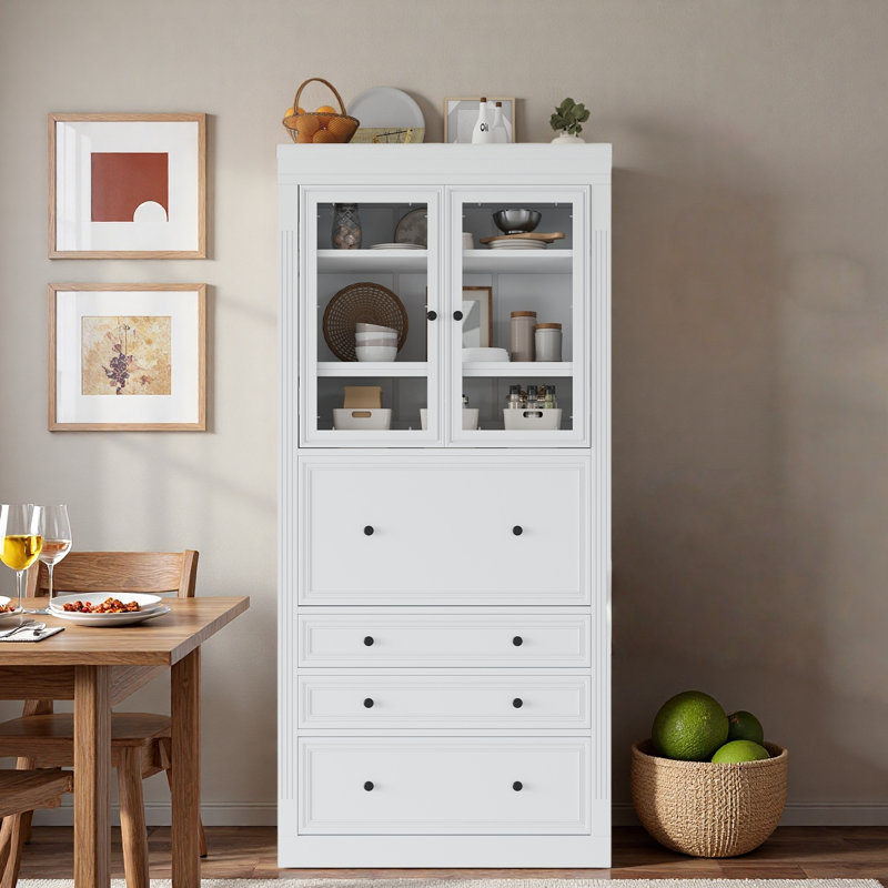 Garde-manger autoportant avec 3 tiroirs, tablettes réglables et prise de courant, Blanc