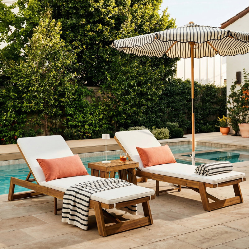 Outdoor Chaise Lounge with Table , Cushion Included, Cream