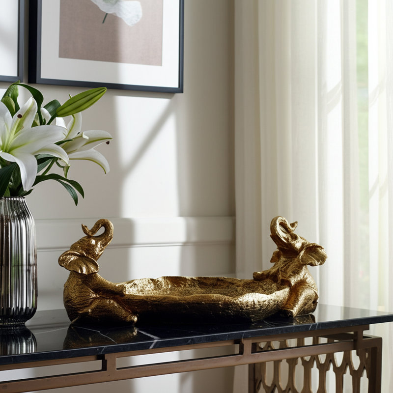 Decorative Bowl Resin Polyresin Elephant Figurine Accents Glam Finish For Home Office Bedroom Or Living Room Display - 5" Gold