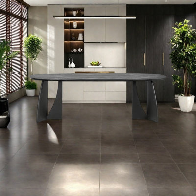 Triangle-shaped base supporting solid wood dining