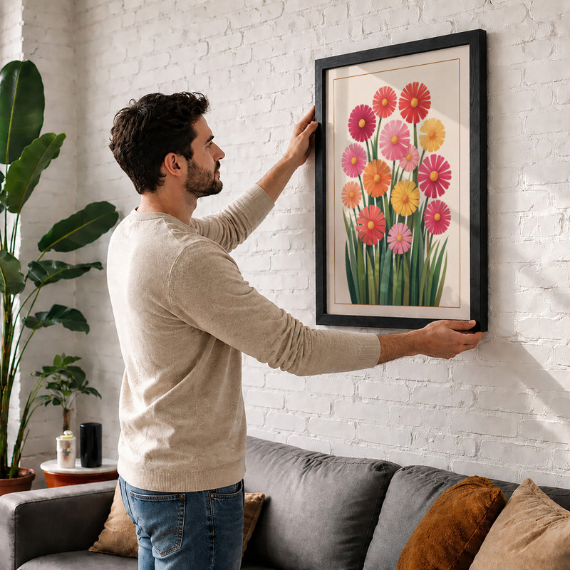 Gerbera Blooms Botanical - Framed Print, A2 - 59.4 x 42.0 cm, Walnut