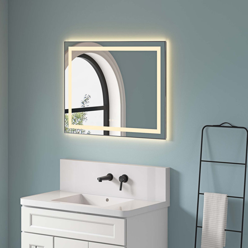 Miroir de salle de bain à DEL avec façade et rétroéclairage, miroir de meuble-lavabo mural avec cadre en aluminium, antibuée, mémoire, 3 couleurs, gradation continue