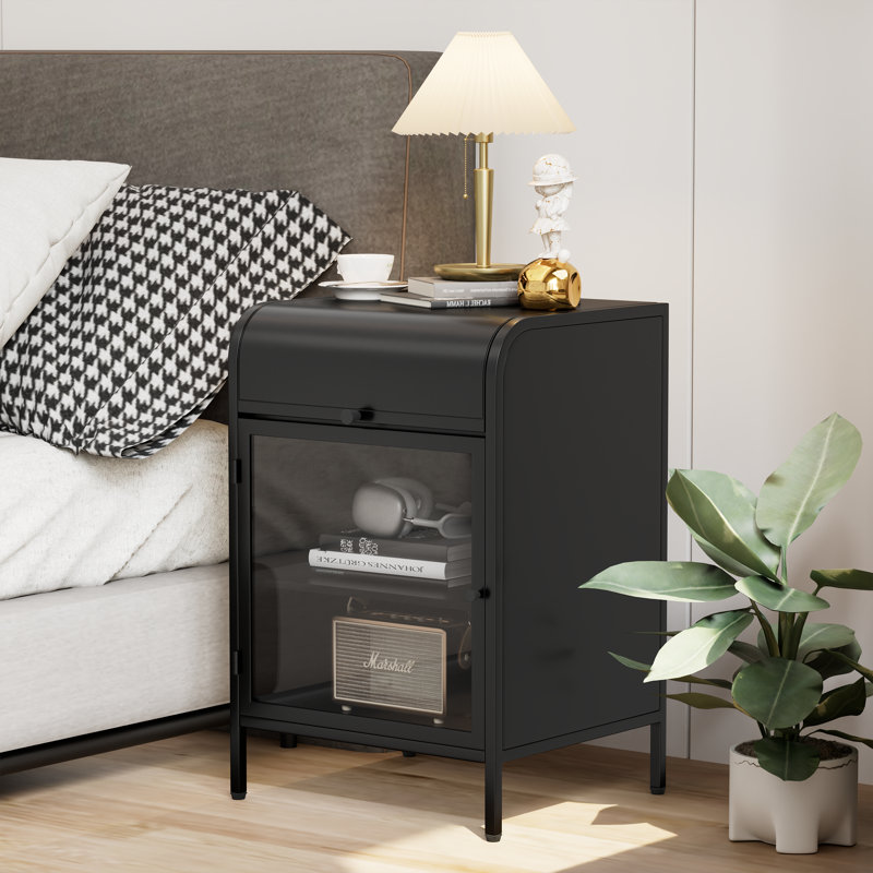 Usmon Modern Nightstand with Glass Door,Metal Side Table,Bedside Table With Flip-Top Storage, Black