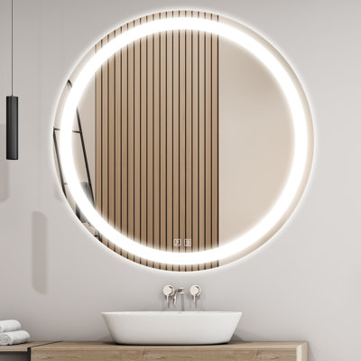 Naliyah Framelesss Round LED Bathroom Mirror with Lights, Makeup Mirror with Front and Backlit, Anti-Fog, 3 Colors and Dimmable Light