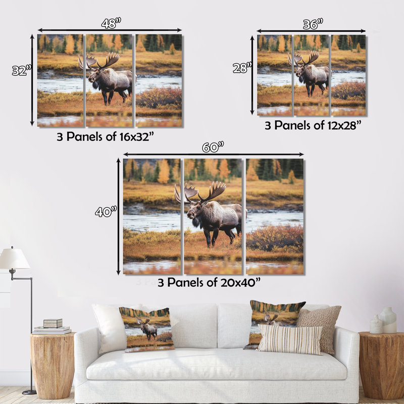 «Moose In Alaska Scenery I», reproduction sur toile 3 pièces, H 32 po x l 48 po x P 1 po