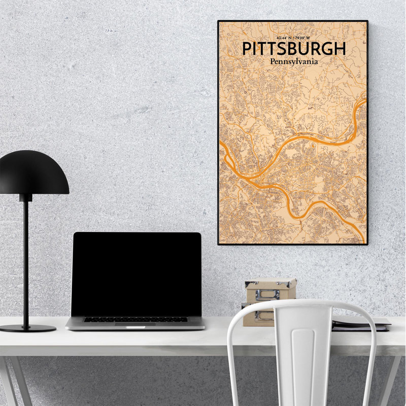 Pittsburgh City Map, impression, Orange / or pâle, H 36 po x l 24 po