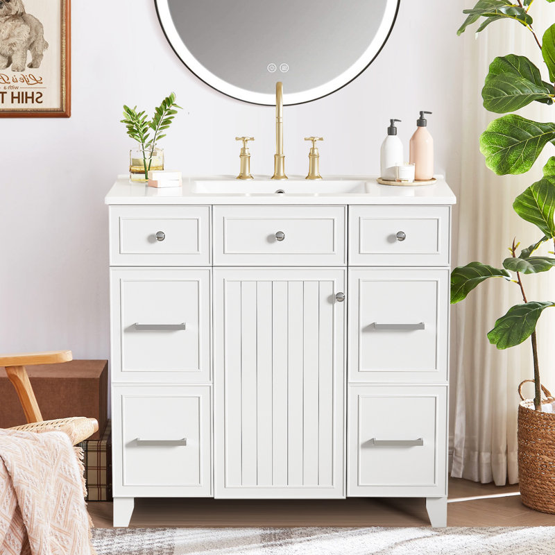 36" Bathroom Vanity With Ceramic Sink,solid Wood Frame, Soft Close Doors, White