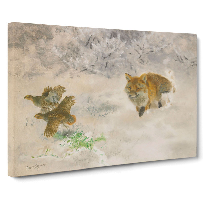 Fox Hunting Black Grouse by Bruno Liljefors - Wrapped Canvas Painting, 40cm H x 60cm W x 3cm D