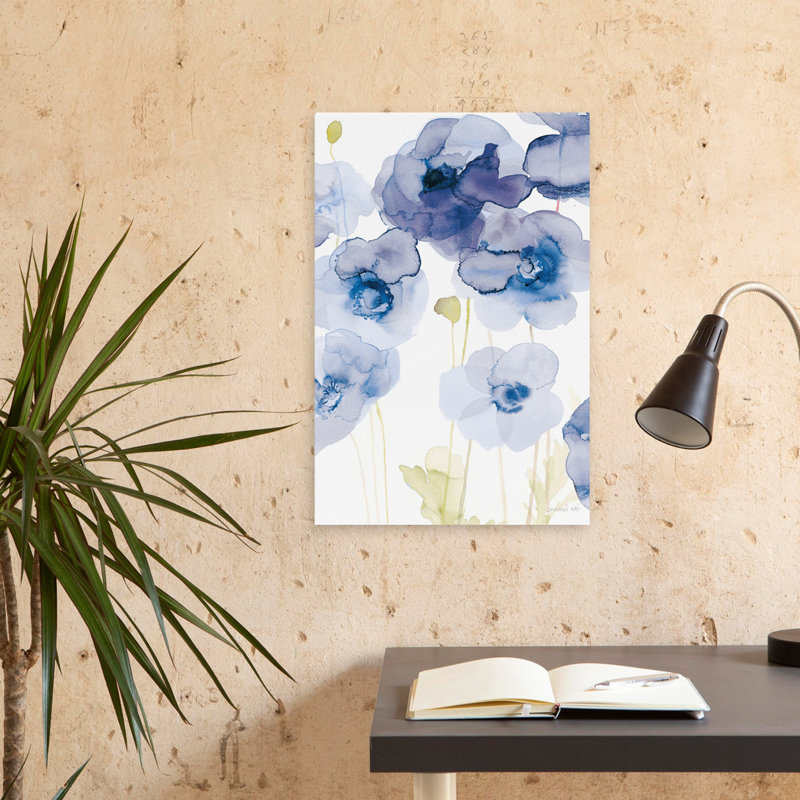 Art abstrait bleu et coquelicots délicats III, H 24 po x l 16 po