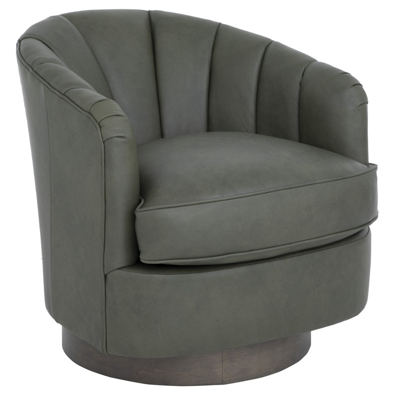 Fauteuil demi-tonneau pivotant en cuir Tipsy, Laiton brillant, Cuir véritable olive