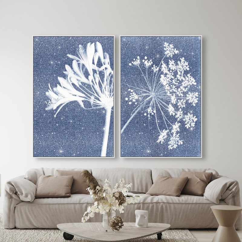Cyan Flowers Set Set by Oliver Gal, 37"H x 55"W, White Floater Frame