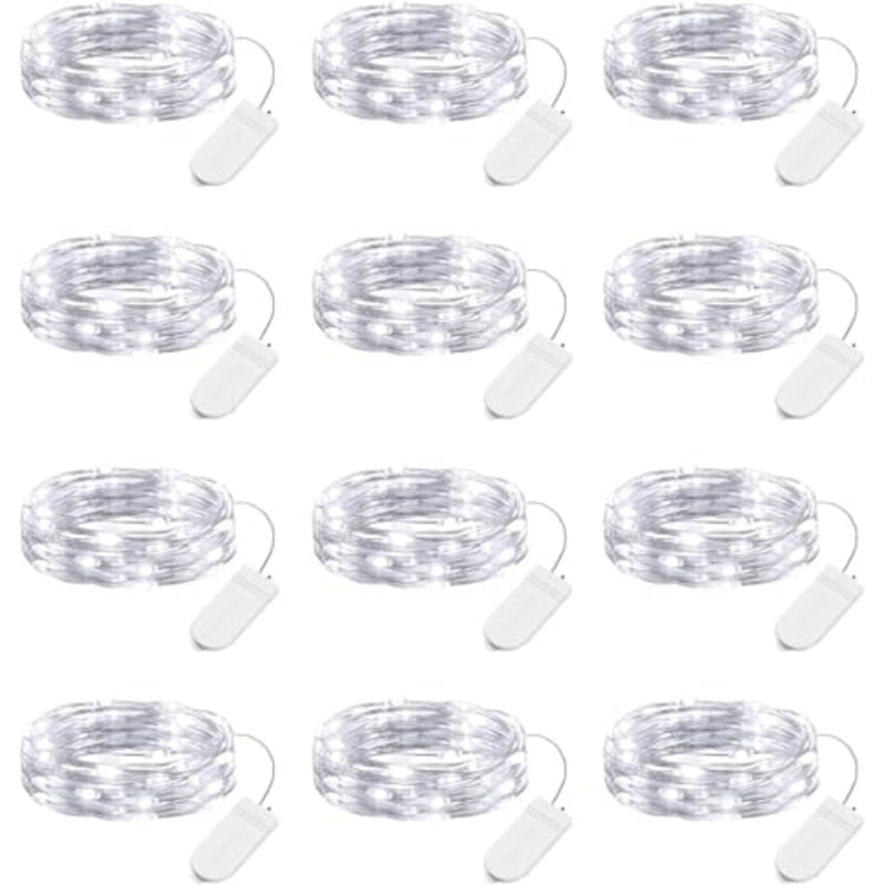 12 Pack Led Fairy Lights Battery Operated String Lights Waterproof Silver Wire 7 Feet 20 Led Firefly Starry Moon Lights For DIY Wedding Party Bedroom Patio Christmas (12 Pack, White)