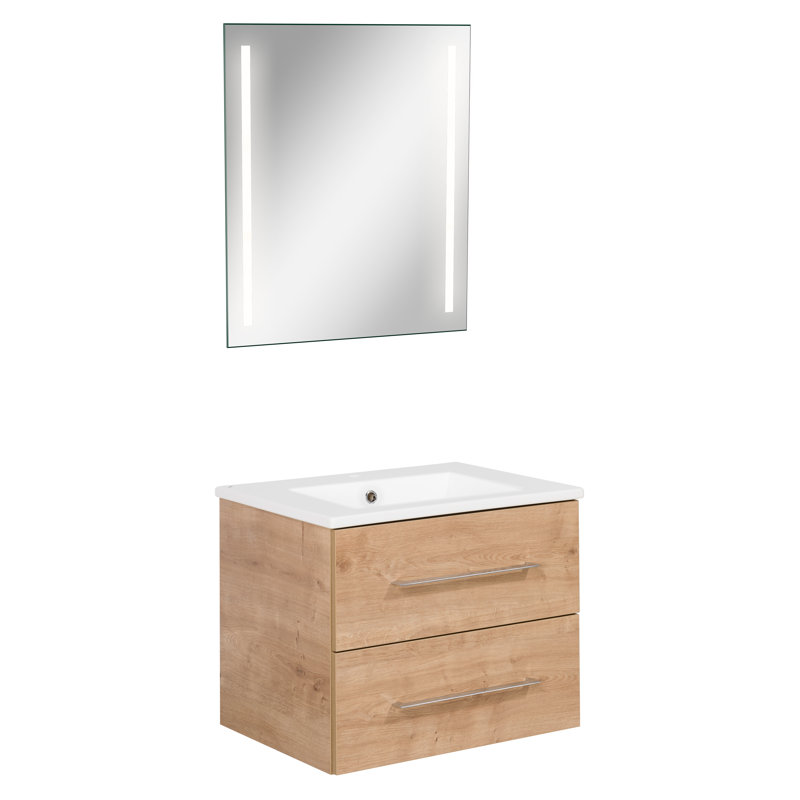 3 Piece 600mm Vanity and Mirror Sets, Light Brown Wood