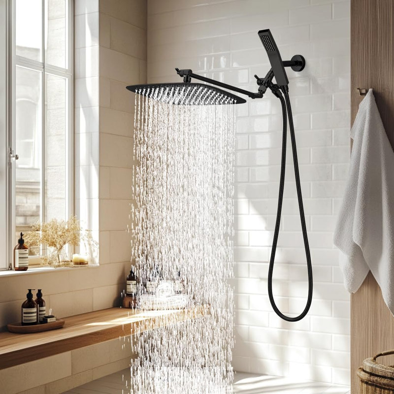 14 Inch Dual Square Shower Head With Handheld Spray Combo, 3-Way Diverter, 71 Inch Hose, Matte Black