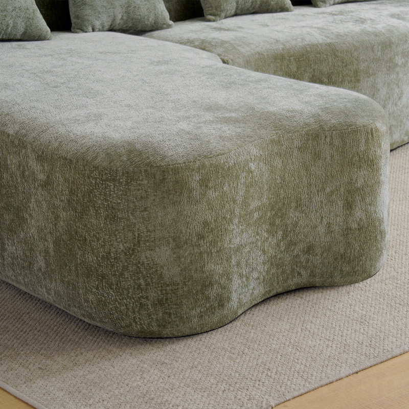 Canapé modulaire en L pleine compression avec méridienne incurvée, canapé rembourré en chenille vert, haute densité, Vert