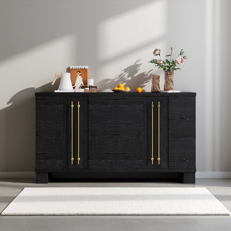 Sideboard Buffet Cabinet With Storage, Wood Sideboard With Adjustable Shelves And Gold Handles, Black