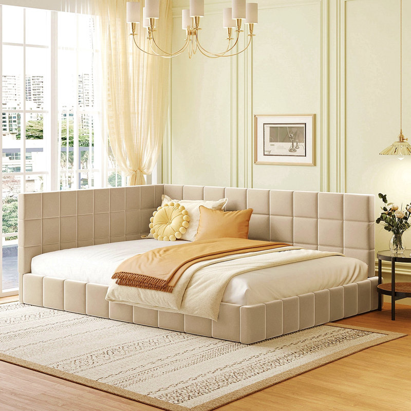 Full Size Upholstered Daybed/Sofa Bed Frame-Beige, Velvet, Beige