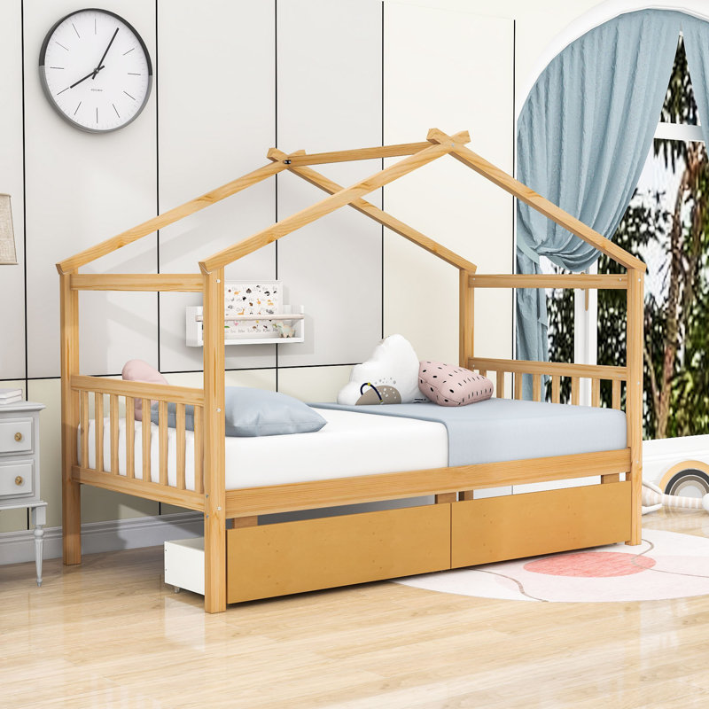 Henjes Twin 2 Drawers Wood House Bed, Natural