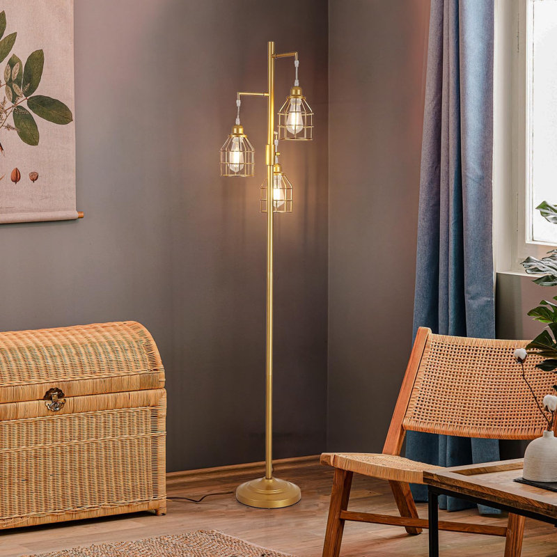 Industrial Farmhouse Floor Lamp - Dimmable 3 Teardrop Cage Shades With LED Bulbs Included, Gold