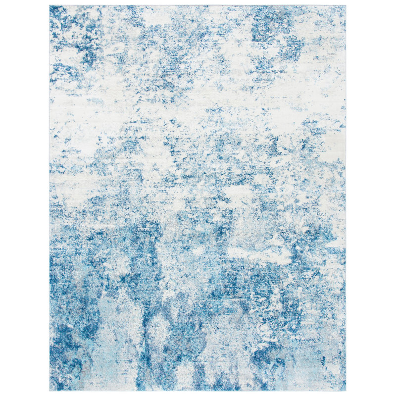 Tapis abstrait gris clair / bleu N'Keal, Rectangle 2 pi x 4 pi, Navy/Ivory