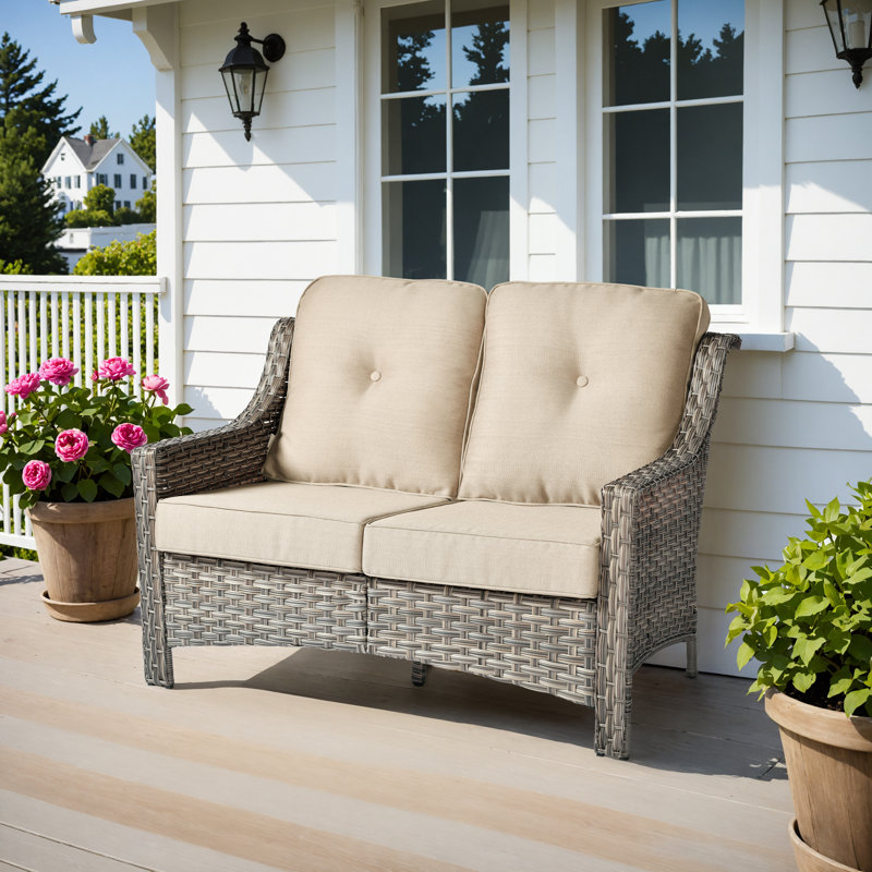 Canapé d'extérieur en osier avec coussins Emanuell, Beige