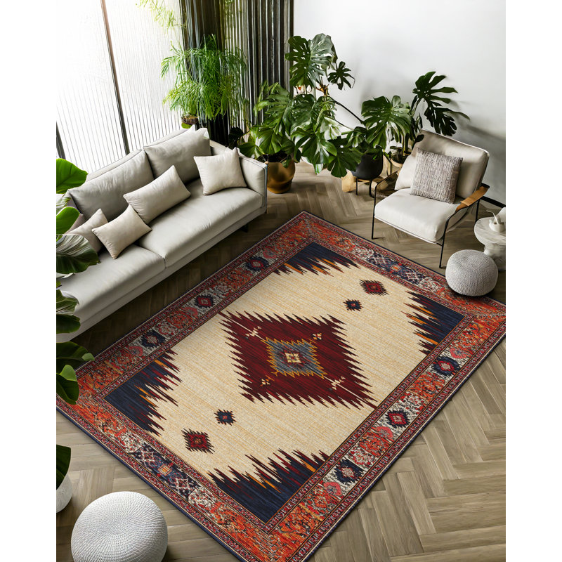 Nouvelle Collection Digital Print Cotton-Polyester Red Beige Moroccan Rug, Runner 3'4" x 14'10"
