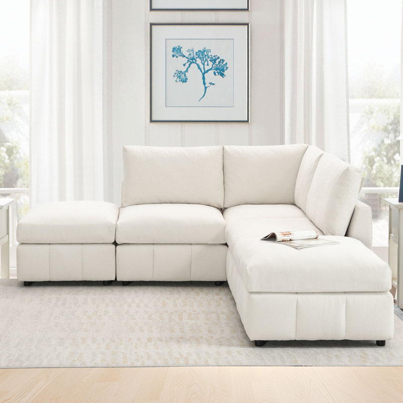 Canapé modulaire en velours côtelé 5 pièces Leombruno, Mélange de polyester beige