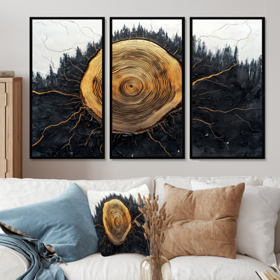 Glace en bois forêt sur cristal onyx noir - décoration murale forêt - 3 pièces