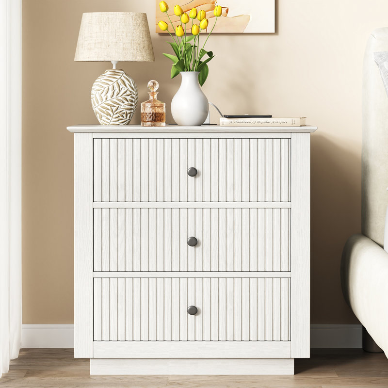 Table de chevet moderne à 3 tiroirs en bois l 24 po x H 26 po avec prises intégrées , Individuel, Blanc