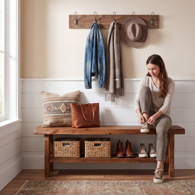 Farmhouse Solid Wood Entryway Shoe Bench, 2-Tier Storage Bench With Lower Storage Shelf For Entrance, Entry Way