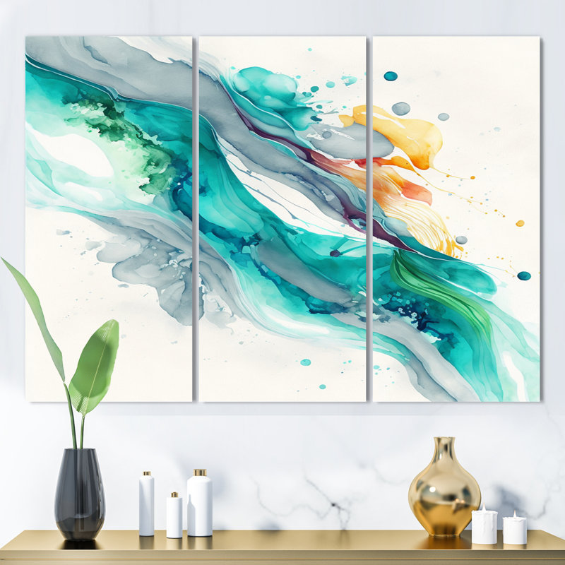 «Celebrations in Turquoise Shades of Blue VI», reproduction sur toile 3 pièces, H 32 po x l 48 po x P 1 po, Toile tendue