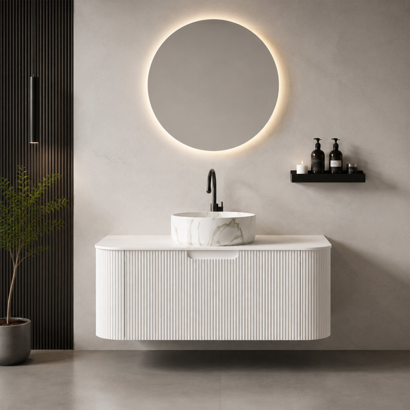 36-Inch White Finish Wall-Mounted Single Bathroom Vanity with Artificial Stone Top and Ceramic Vessel Sink