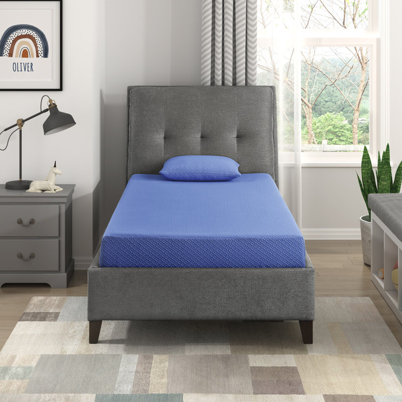 Erwaysmith 7" Modern & Contemporary Blue Gel-Infused Memory Foam Mattress and Pillow Set in with Charcoal Memory Foam & Green Tea Base