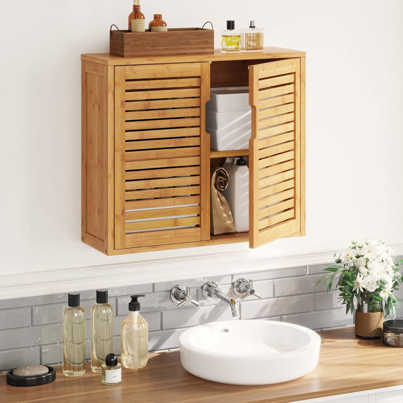 Armoire de rangement murale pour salle de bain murale avec tablettes réglables à l'intérieur, armoire à pharmacie à double porte, armoire de rangement utilitaire au-dessus de la toilette, bambou