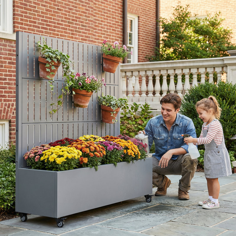 Boîte à fleurs en métal avec treillis et roues, H 47 po x l 47 po x P 16 po, Gris