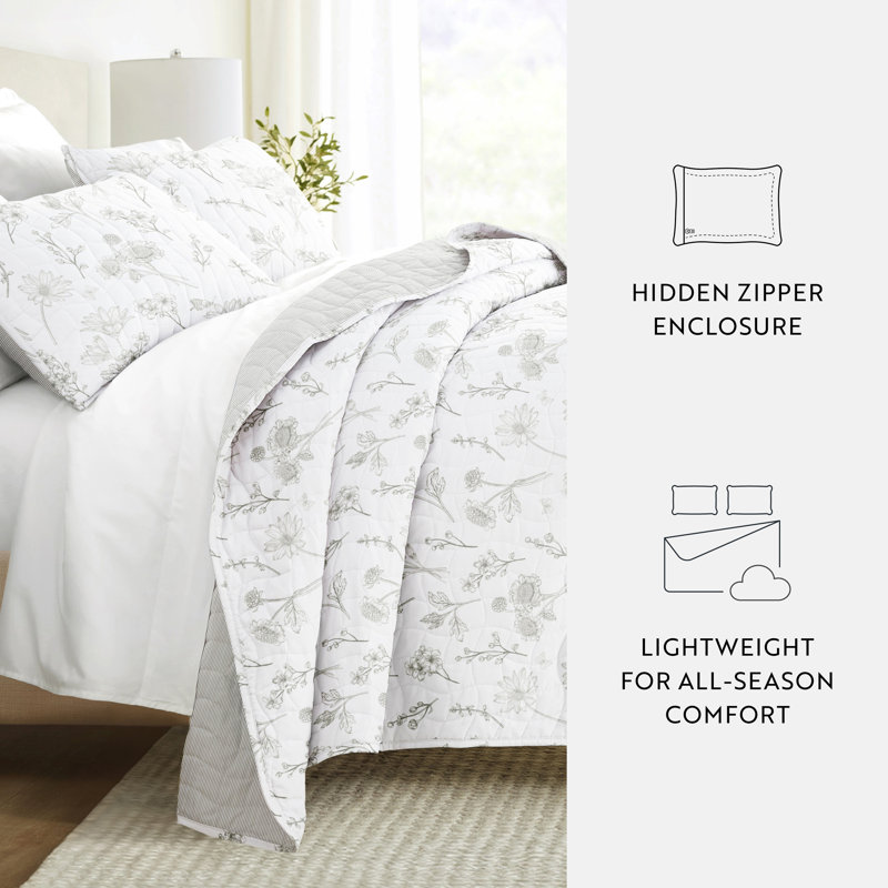 Full Gray Reversible Microfiber Quilt Set with Floral Pattern