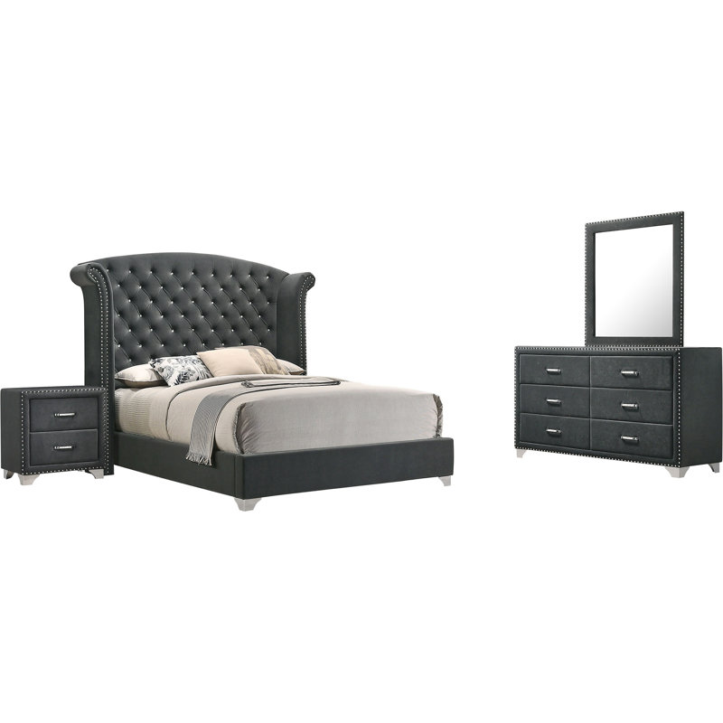 5 chambres de grand lit bleu pacifique avec tête de lit à oreilles, capitonnage, garniture cloutée et caractéristiques d'ambiance