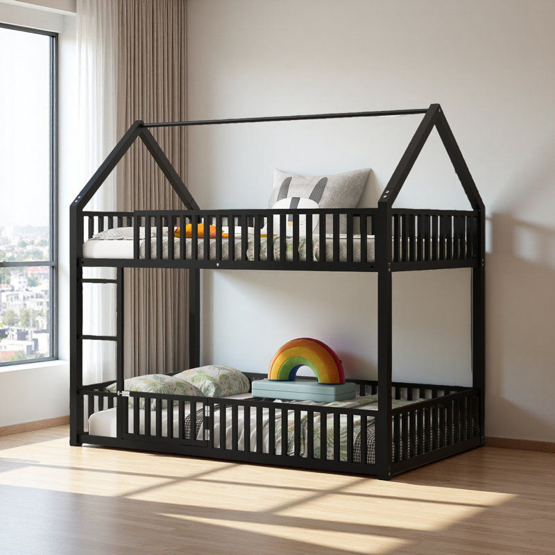 Twin over Twin Bunk Bed With Railings And Door, Black