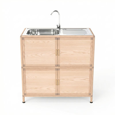 Modern Utility Sink Cabinet With Lockable Cabinets And Food - Grade Stainless Steel Basin, 17.15" Wide, Deformation Natural Wood Grain Cabinet, 31.91" High, Deformation, Suitable For Workshop