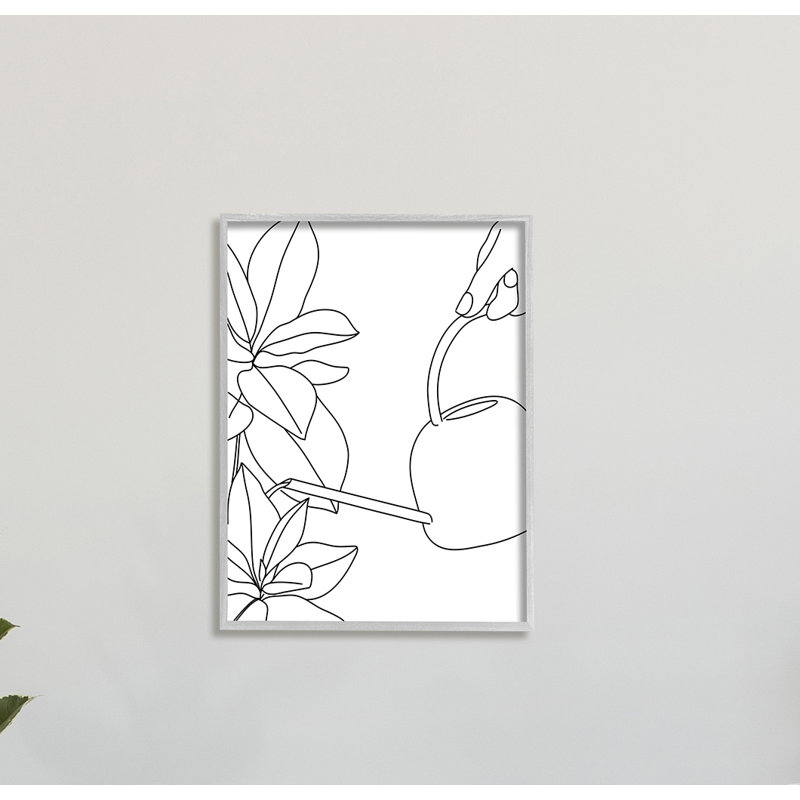 Arrosoir et fleurs printanières - Dessin, H 20 po x l 16 po, Giclée encadrée noir minuit