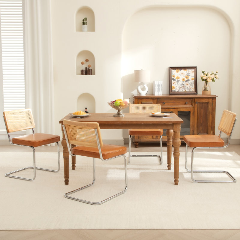 Side Chair Dining Chairs With Cane Rattan Back, Leather Camel Brown, 4