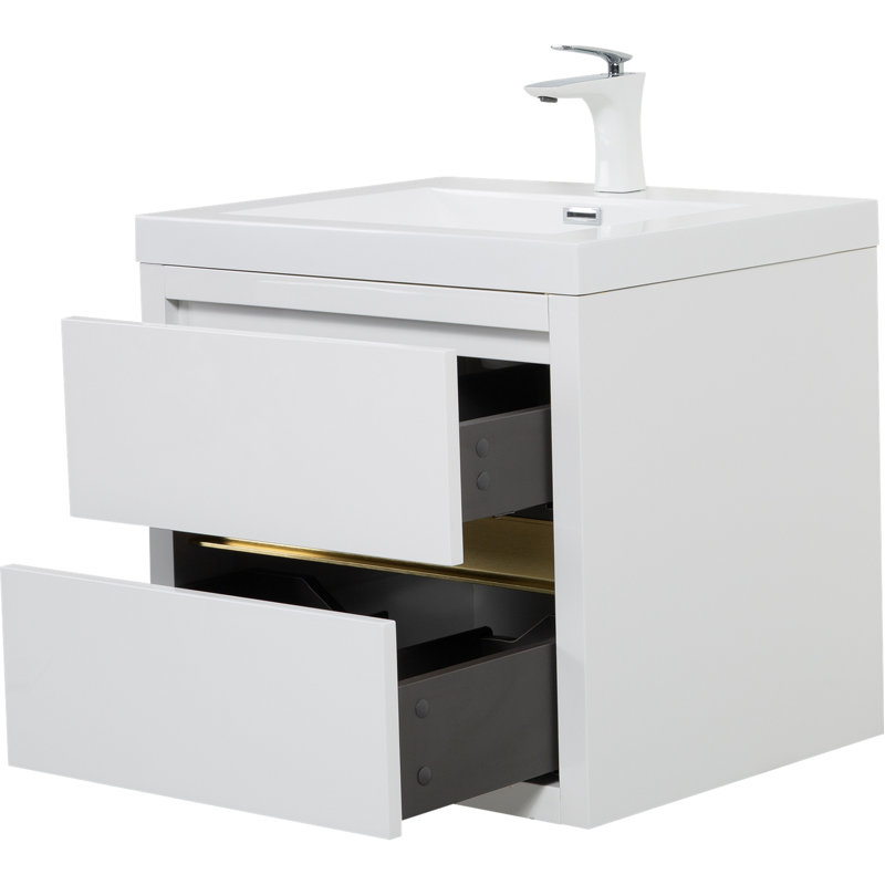 Meuble-lavabo mural 24 po avec lavabo, meuble de rangement flottant pour salle de bain avec comptoir en résine de pierre et tiroirs à fermeture en douceur