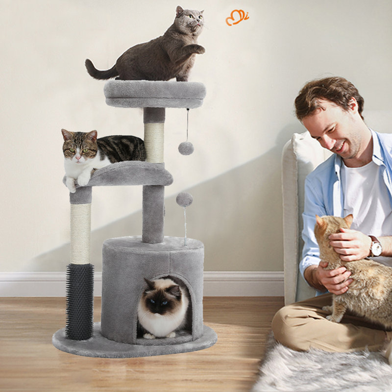 Petit arbre à chat 32,7 po, tour pour chat avec brosse autoportante et grattoir en sisal, gris